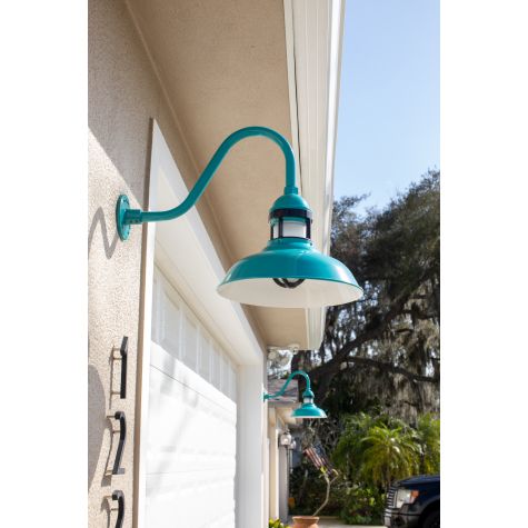 16" Outback LED, 390-Teal, G22 Arm, CGG-Standard Guard, 100-Black FST-Frosted Glass | Photo Courtesy of Homeowner