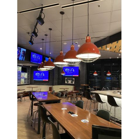 16" Wilcox Vented Cord Pendant, 420-Orange, Wire Cage, 975-Galvanized, Narrow Slot Vent, SBK-Standard Black Cord