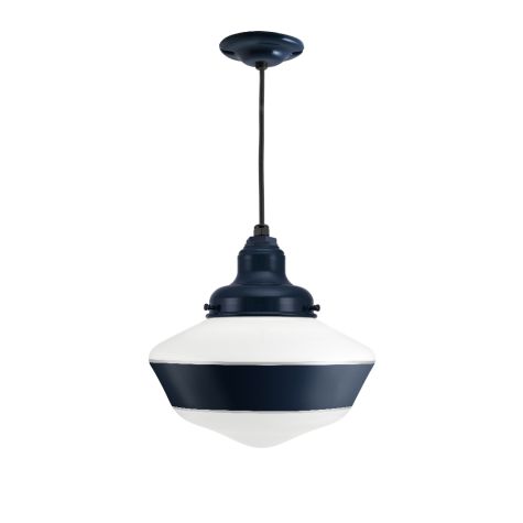 Kao Primary Schoolhouse Pendant Light, 705-Navy, Large Opaque Glass, Single Painted Band, CSB-Black Cloth Cord