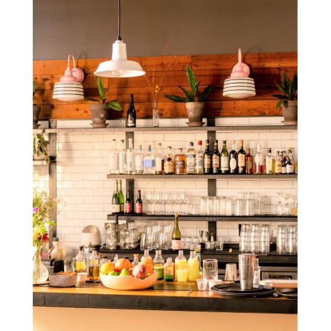 Drum Schoolhouse, Opaque Glass, 480-Blush Pink, Four Painted Band, 100-Black | Photo Courtesy of The Lede