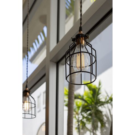 Minimalist Copper Cage Pendant, Wire Cage, Brown Cotton Twist Cord, Edison Light Bulb