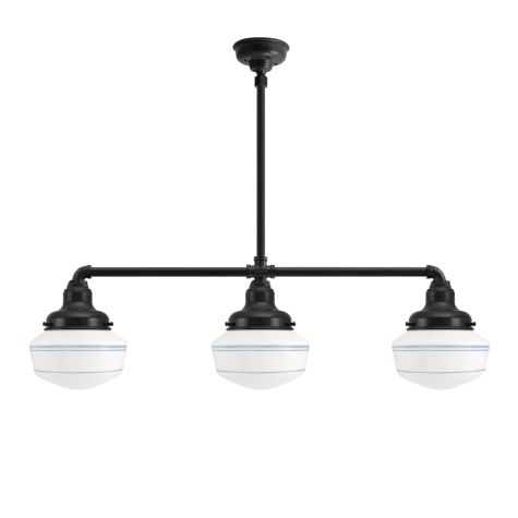 Primary Schoolhouse 3-Light Chandelier, 100-Black, Small Opaque Glass, Triple Painted Band, 715-Delphite, Hang Straight Canopy