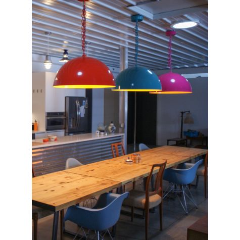28" Loma, Exterior in 490-Magenta, 420-Orange, 390-Teal, Interior in 570-Sunflower, Grey Cloth Cord | Photo Courtesy of Homeowner
