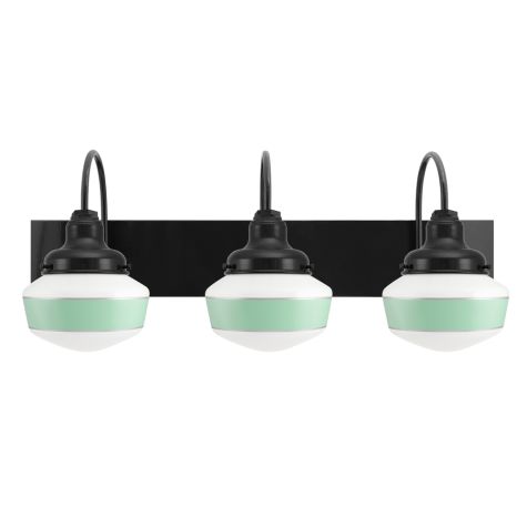 Primary 3-Light Schoolhouse Vanity Light, Opaque Glass, 100-Black Mounting and Fitter Finish, Single Painted Band, 311-Jadite