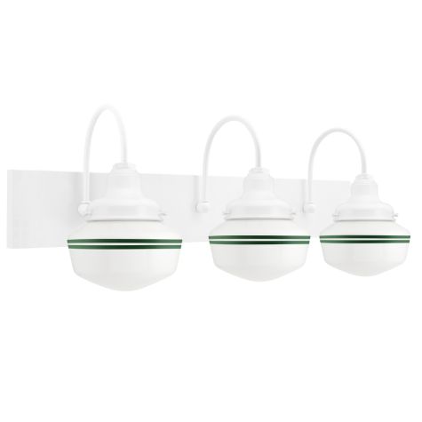 Primary 3-Light Schoolhouse Vanity Light, Opaque Glass, 200-White Mounting and Fitter Finish, Double Painted Band in 307-Emerald Green