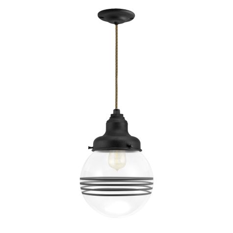 Kao Round Schoolhouse Pendant, 105-Textured Black, Clear Glass, Four Painted Band, CSBG-Black & Gold Cloth Cord, Shown with 1890 Era Edison Style Bulb