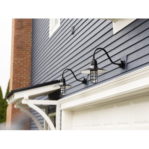 14" Dominion Nautical LED Gooseneck, 150-Black, G11 Arm, CGG- Standard Cast Guard, Clear Glass, Decorative Backing Plate | Photo Courtesy of LDD Interiors