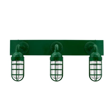 Industrial Guard Triple Vanity Light, 307-Emerald Green, Topless Shade, CGG-Standard Cast Guard, RIB-Ribbed Glass