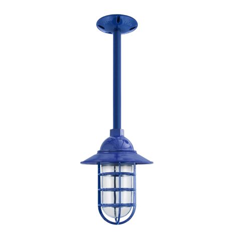 Industrial Guard Stem Mount Pendant Light, 700-Royal Blue, Flared Shade, CGG-Standard Cast Guard, CLR-Clear Glass