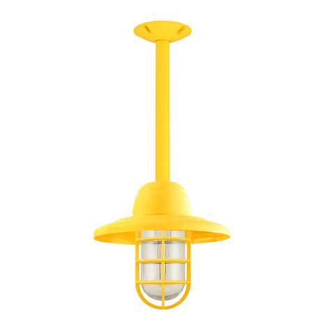 Industrial Guard Stem Mount Pendant Light, 500-Buttery Yellow, Warehouse Shade, CGG-Standard Cast Guard, RIB-Ribbed Glass