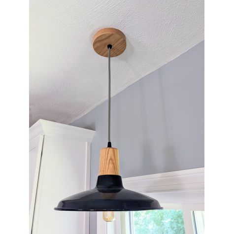 14" Shade in 705-Navy, Ash Wood, Grey Cloth Cord, Ash Canopy | Photo Courtesy of Homeowner