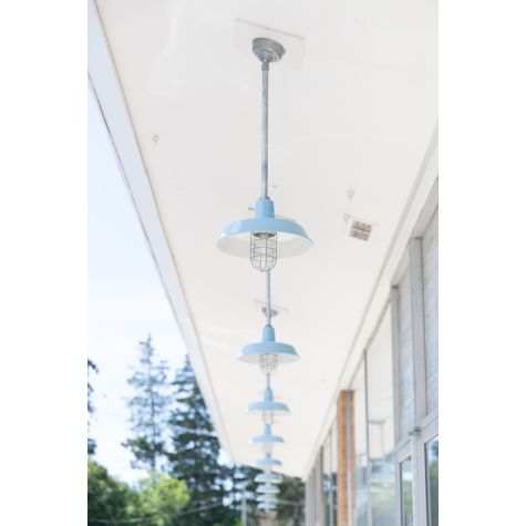 16" The Original™, 715-Delphite Blue, 24" Stem, Wire Guard, 975-Galvanized, Clear Glass, Hang Straight Canopy | Photo Courtesy of Something Blue Photography