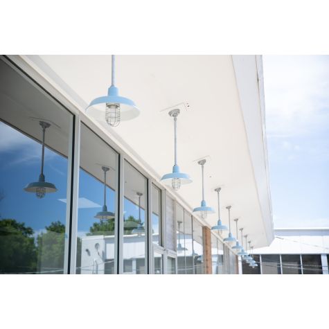Hang Straight Canopy (Displayed here: 16" Original Stem Mount Pendant, 715-Delphite, 24" Stem, Wire Guard, 975-Galvanized, Clear Glass | Photo Courtesy of Something Blue Photography)