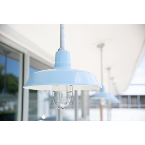 16" The Original™, 715-Delphite Blue, 24" Stem, Wire Guard, 975-Galvanized, Clear Glass, Hang Straight Canopy | Photo Courtesy of Something Blue Photography
