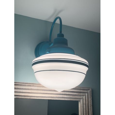 Acorn Schoolhouse Sconce, Opaque Glass, 390-Teal, Four Painted Bands | Photo Courtesy of Homeowner