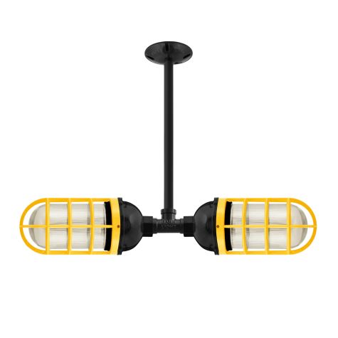 Industrial Loft Double Pendant, 100-Black, CGG-Standard Cast Guard, 500-Buttery Yellow, RIB-Ribbed Glass