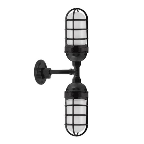 Atomic Topless LED Double Industrial Guard Sconce, 100-Black, CGG-Standard Cast Guard, FST-Frosted Glass