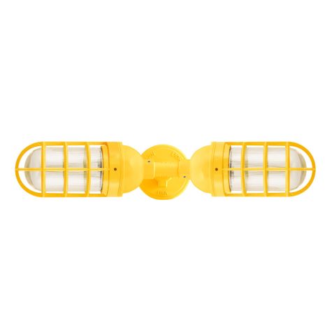 Atomic Topless LED Double Industrial Guard Sconce, 500-Buttery Yellow, CGG-Standard Cast Guard, RIB-Ribbed Glass