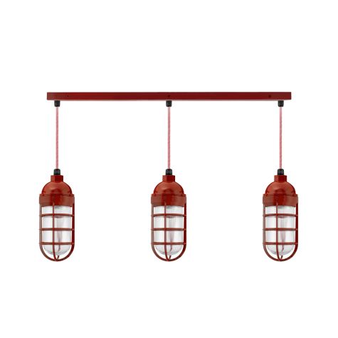 Enterprise LED 3-Light Chandelier, 400-Barn Red, Topless Shade, CGG-Standard Cast Guard, RIB-Ribbed Glass, CRZ-Red Chevron Cord