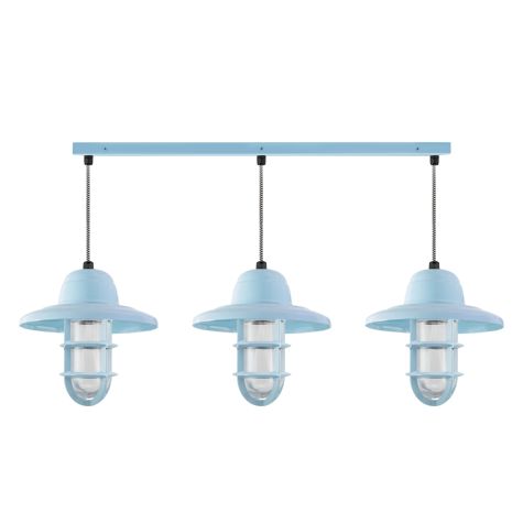 Enterprise 3-Light Chandelier, 715-Delphite Blue, Warehouse Shade, TGG-Heavy Duty Cast Guard, RIB-Ribbed Glass, CSBW-Black & White Cloth Cord