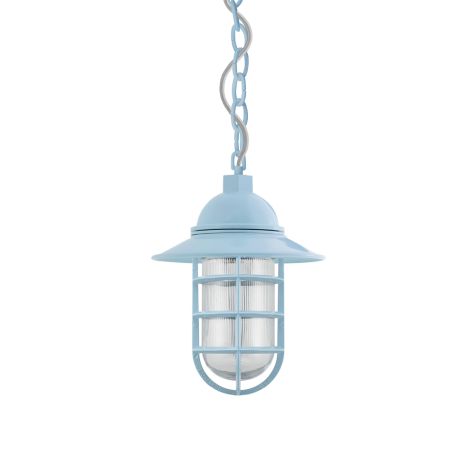 Industrial Guard LED Chain Hung Pendant Light, 715-Delphite, Flared Shade, CGG-Standard Cast Guard, RIB-Ribbed Glass, CMG-Grey Cloth Cord