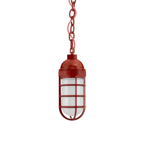 Industrial Guard Chain Hung Pendant, 400-Barn Red, CGG-Standard Cast Guard, FST-Frosted Glass, CSRW-Red & White Cloth Cord