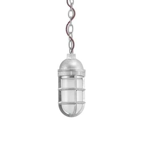 Industrial Guard LED Chain Hung Pendant Light, 975-Galvanized, TGG-Heavy Duty Cast Guard, FST-Frosted Glass, CSBP-Black & Pink Cloth Cord