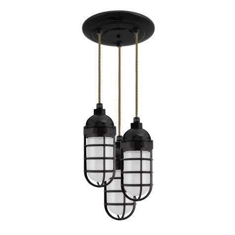Atomic Topless Multi-Light Chandelier, 100-Black, CGG-Standard Cast Guard, FST-Frosted Glass, CSBG-Black & Gold Cloth Cord