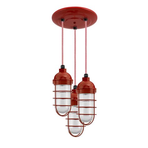Atomic Topless Multi-Light Chandelier, 400-Barn Red, WGG-Wire Guard, RIB-Ribbed Glass, CRZ-Red Chevron Cord