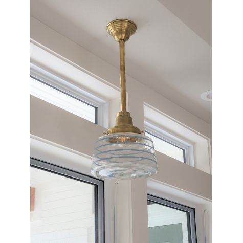 Drum Stem Mount, Clear Glass, 997-Raw Brass Stem (18"), Four Painted Bands, 715-Delphite | Photo Courtesy of Homeowner