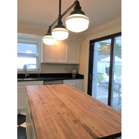 Primary Schoolhouse 3-Light Chandelier, Small Opaque Glass, 106-Matte Black, 18" Arms, 12" Stem, Double Painted Bands, 100-Black | Photo Courtesy of Homeowner