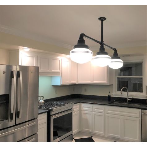 Primary Schoolhouse 3-Light Chandelier, Small Opaque Glass, 106-Matte Black, 18" Arms, 12" Stem, Double Painted Bands, 100-Black | Photo Courtesy of Homeowner