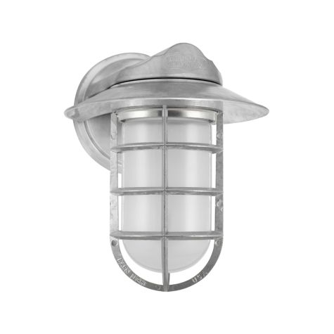 Industrial Static Sconce, 975-Galvanized, Flared Shade, CGG-Standard Cast Guard, FST-Frosted Glass