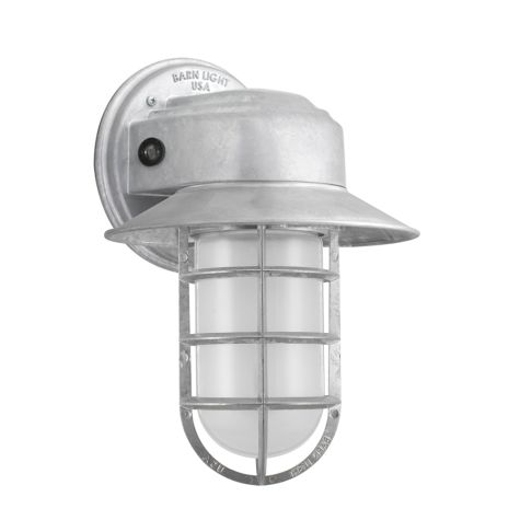 Streamline Industrial Guard Sconce, 975-Galvanized, Flared Shade, Dusk to Dawn Photocell, CGG-Standard Cast Guard, FST-Frosted Glass