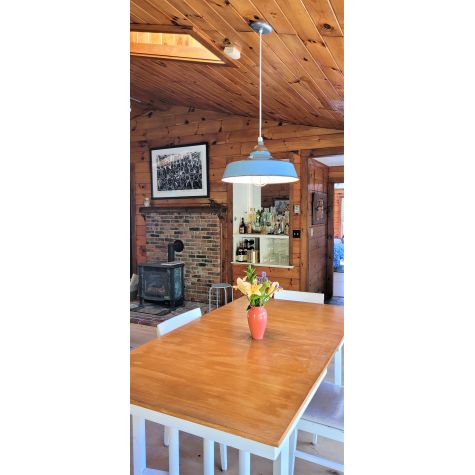 18" Rochester LED Vintage Industrial Cord Hung Pendant, 765-Delphite Blue, Blue & White Cloth Cord, Wire Guard, 975-Galvanized, Frosted Glass | Customer Submission