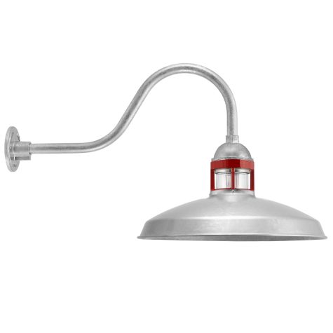16" Brisbane LED, 975-Galvanized, Guard in 400-Barn Red, RIB-Ribbed Glass, G22 Gooseneck Arm