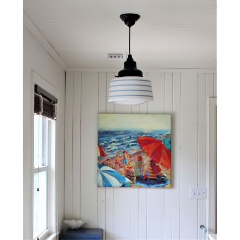 Drum Schoolhouse Pendant, Opaque Glass, 105-Textured Black, Black & Brown Chevron Cord, PB8-Four Painted Bands, 715-Delphite | Photo Courtesy of Mermaid Cottages, Tybee Island
