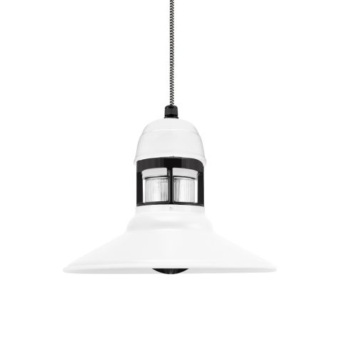 14" Wallaby LED, 200-White, With Cap Option, Guard in 100-Black, RIB-Ribbed Glass, CSBW-Black & White Cloth Cord