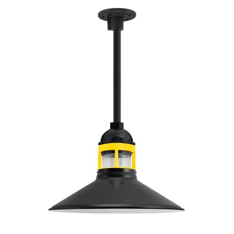 16" Wallaby, 100-Black, Guard in 500-Buttery Yellow, RIB-Ribbed Glass, Heavy Duty Stem Mount Canopy, Mounting in 100-Black