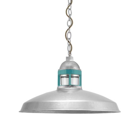 16" Brisbane, 390-Teal, Guard in 975-Galvanized, CLR-Clear Glass, Mounting in 975-Galvanized, CSBG-Black & Gold Cloth Cord