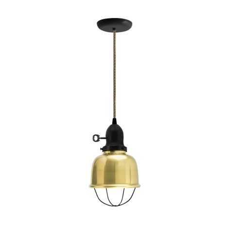 Fargo Pendant, 997-Natural Raw Brass, Wire Cage in 100-Black,  Cup in 100-Black, No Arms with Turn Key Switch, CSBG-Black & Gold Cloth Cord