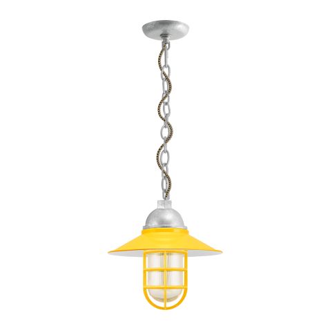 12" Syracuse LED, 500-Buttery Yellow, CGG-Standard Cast Guard, RIB-Ribbed Glass, CSBG-Black & Gold Cloth Cord, Mounting in 975-Galvanized