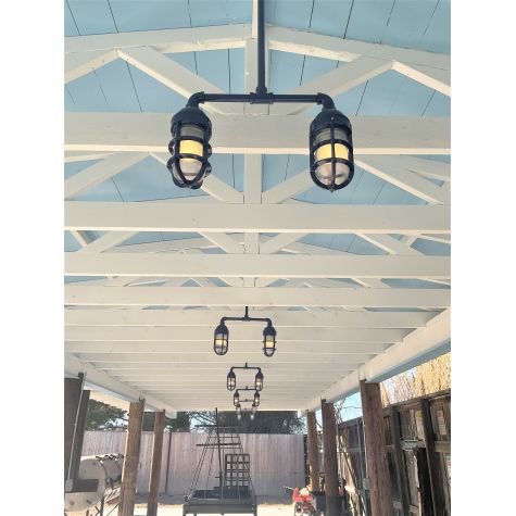 Merger 2-Light Chandelier, 710-Cobalt Blue, 24" Stem, Heavy Duty Canopy, No Shade, Heavy Cast Guard, Ribbed Glass | Customer Submission