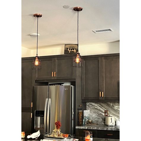 Minimalist Copper Cage Pendant, Black Cotton Twist, Wire Cage, 1910 Era 60w Edison Bulb | Customer Submission