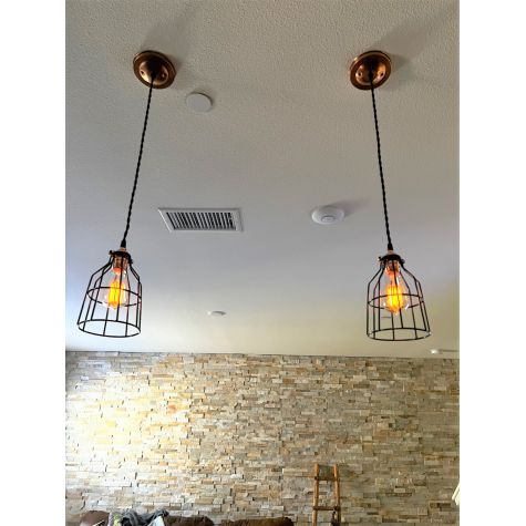 Minimalist Copper Cage Pendant, Black Cotton Twist, Wire Cage, 1910 Era 60w Edison Bulb | Customer Submission