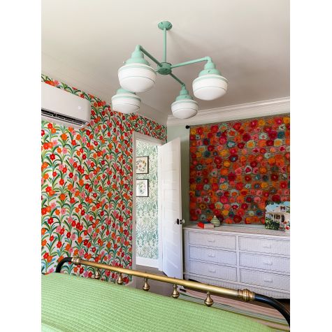 Primary 4-Light Schoolhouse Straight Arm Chandelier, Small Opaque, 311-Jadite, 12" Stem, 3 Painted Bands, 311-Jadite | Photo Courtesy of Sara McDaniel of Simply Southern Cottage and Hector Sanchez Photography