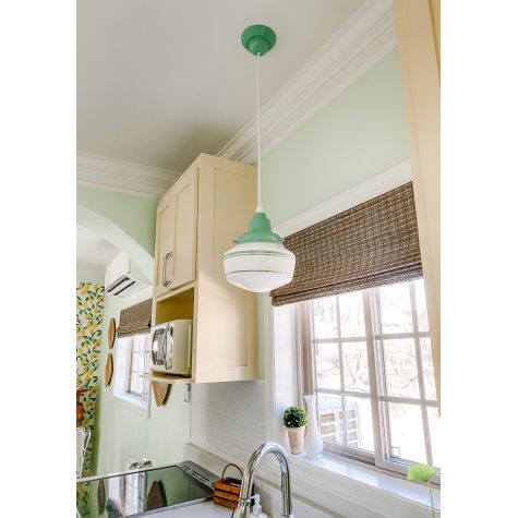 Primary Schoolhouse Pendant Light, Small Opaque, 311-Jadite, Standard White Cord, 3 Painted Bands, 311-Jadite | Photo Courtesy of Sara McDaniel of Simply Southern Cottage and Hector Sanchez Photography