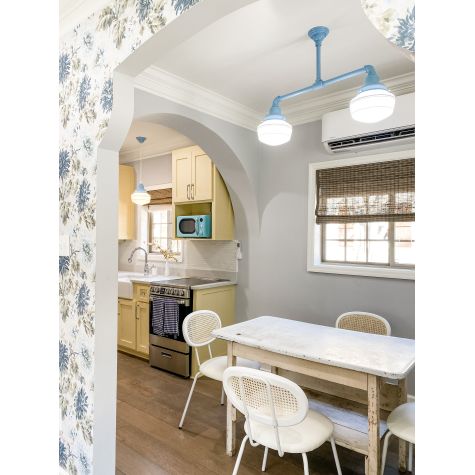 Primary Schoolhouse 2-Light Chandelier, Small Opaque, 715 Delphite Blue, 12" Stem, Standard Beehive Canopy, 3 Painted Bands, 715-Delphite Blue | Photo Courtesy of Sara McDaniel of Simply Southern Cottage and Hector Sanchez Photography