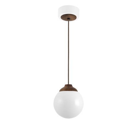 8" Glass Ball LED, Walnut Wood, CSBB-Black & Brown Cloth Cord, Canopy in 106-Matte White, Decorative Wood Canopy Cover