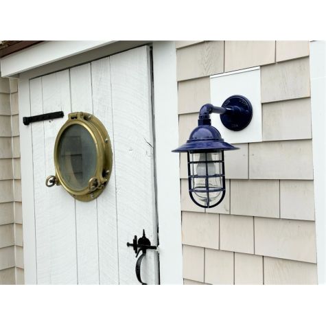 Industrial Guard Sconce, 710-Cobalt Blue, Flared Shade, Standard Cast Guard, Clear Glass | Customer Submission